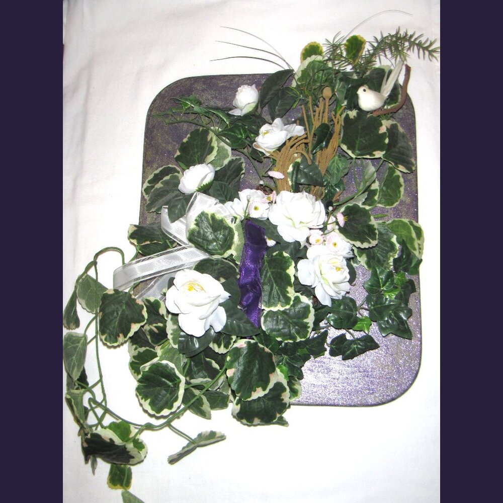 Handmade White Silk Flower Decoration on Purple Wood Wall Art Wedding Ivy 14x17